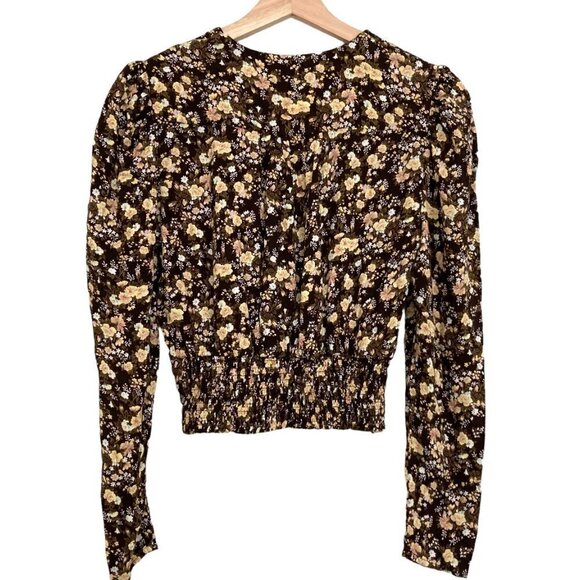 AFRM Dark Floral Puff Sleeve Smocked Waist Cropped Boho Faux Wrap Top - Picture 6 of 8